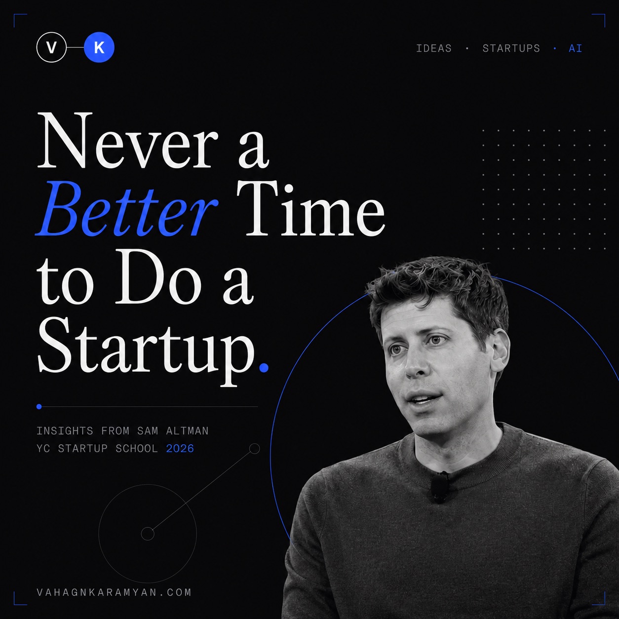 Cover graphic reading 'Never a Better Time to Do a Startup' with a photo of Sam Altman and the byline 'Insights from Sam Altman, YC Startup School 2026'